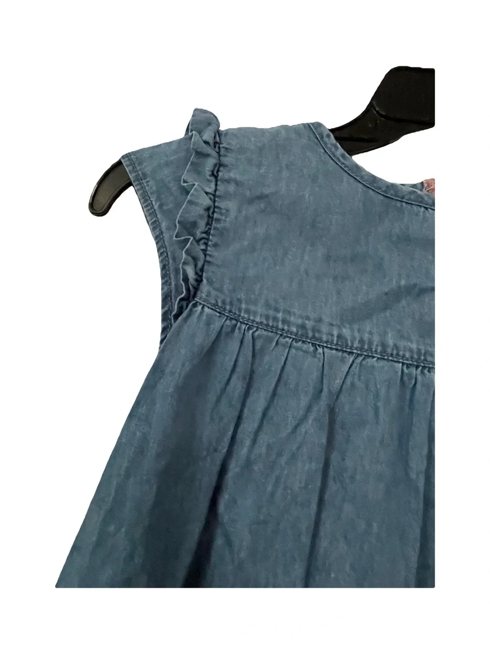 Mini Boden Denim-Effect Ruffle Cap Sleeve Dress - Blue